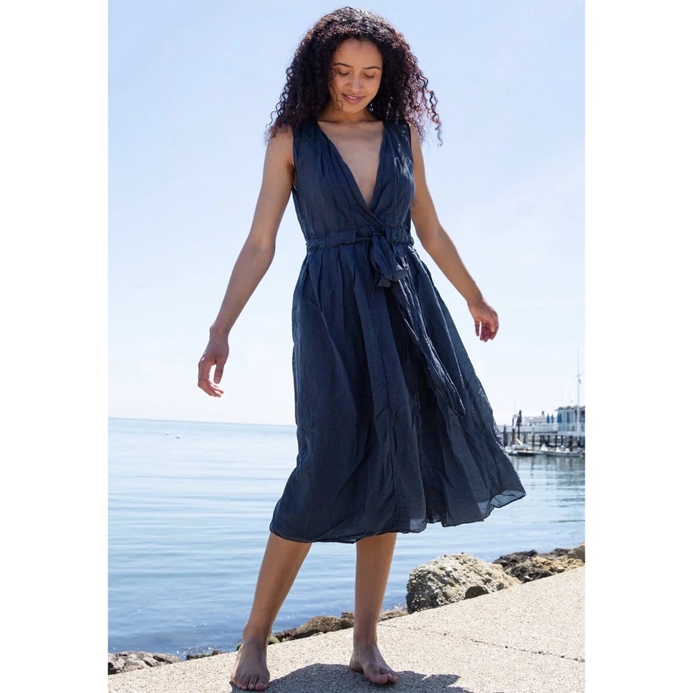 Anthropologie CP Shades julia silk cotton blend midi dress ink dark navy
